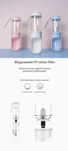 Портативна дорожня поїлка для собак PetLife блакитна 330 мл похідна пляшка для тварин з фільтром PL-DB фото