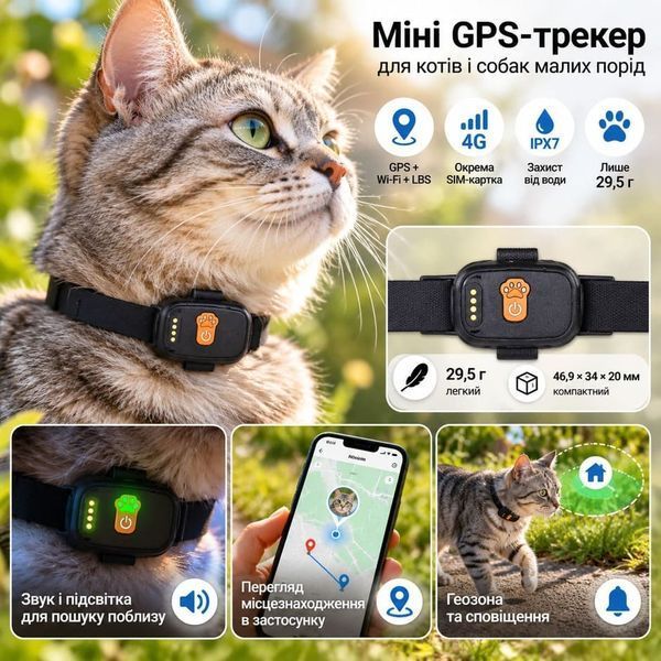 Міні GPS-трекер 4G для котів і собак малих порід, 28 г, IPX7, звуковий пошук і підсвітка TL930W фото